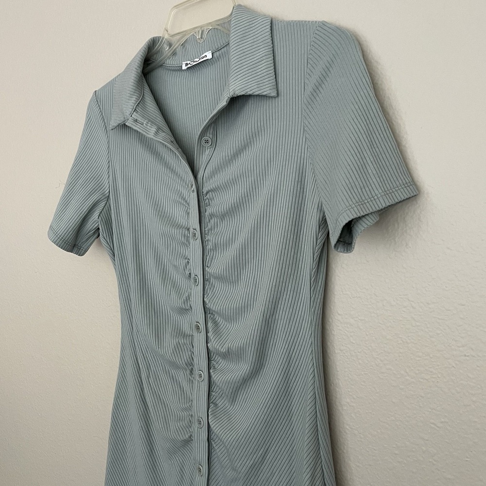 Reformation Dress Medium Lennon Ruched Button Up Ribbed Polo Collared Green Gray - Picture 3 of 6